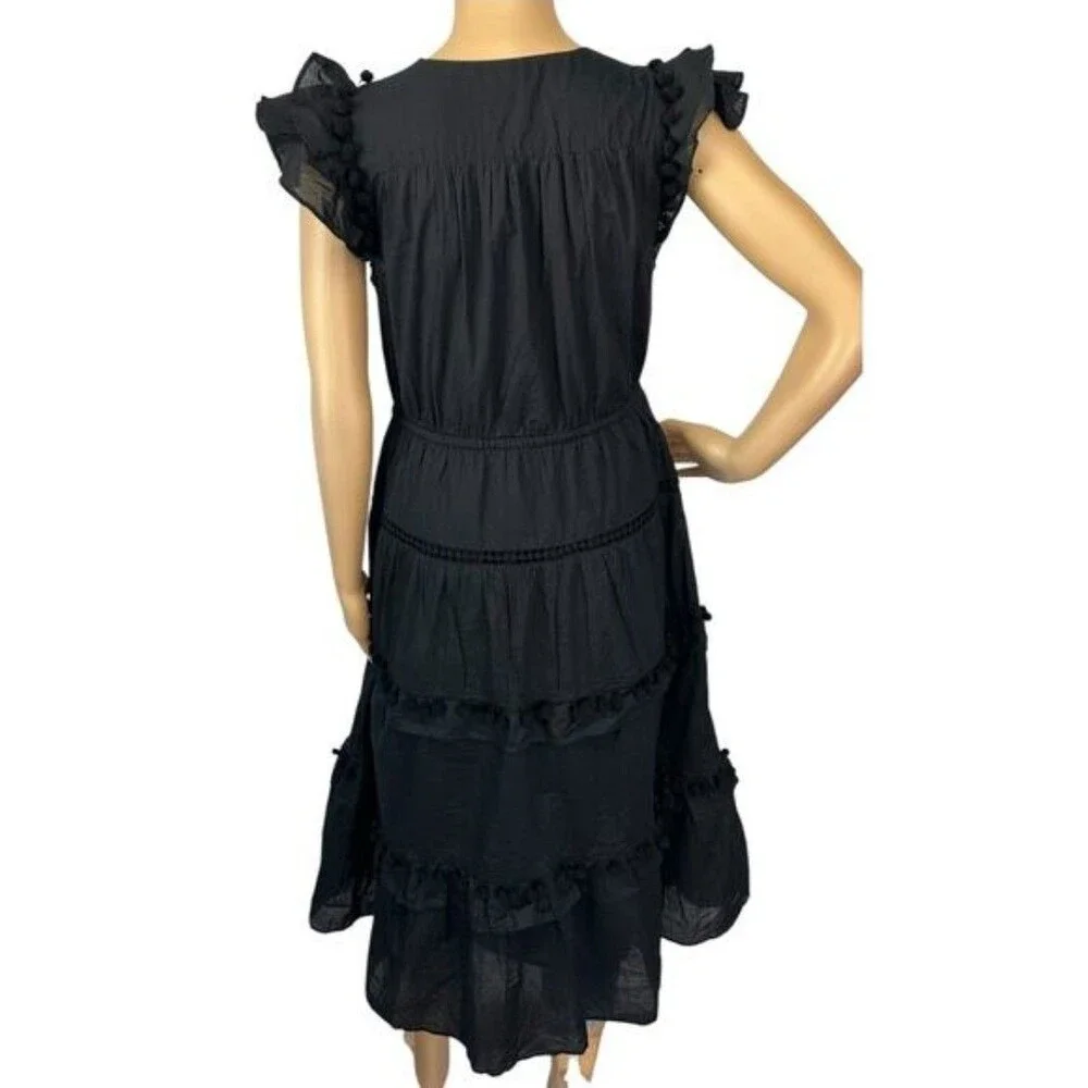 NWT J.Crew Pom-pom Midi in Black Cotton Voile Tiered Dress Size 0 $128 Worn Once
